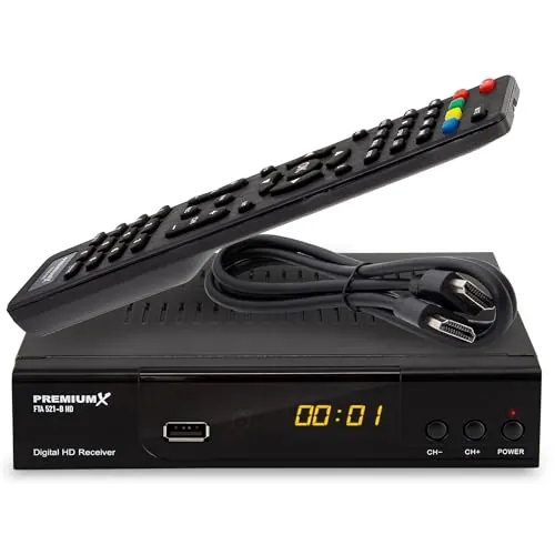 PremiumX Receptor de Satélite HD 521 FTA Receptor de TV Digital SAT DVB-S2 FullHD HDMI SCART 2x USB Reproductor Multimedia, fuente de alimentación externa de 12V