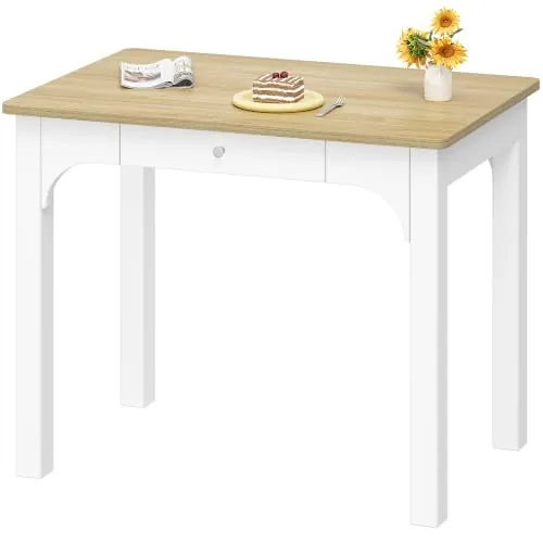 Hzuaneri Mesa de Comedor en Tono Madera, 50 x 80 x 75 cm, Blanco | Mesa de Cocina con Cajones, Tablero de 18 mm de Grosor, Cuadrada, Patas de Madera Maciza, Capacidad para 4 Personas, KT10003X