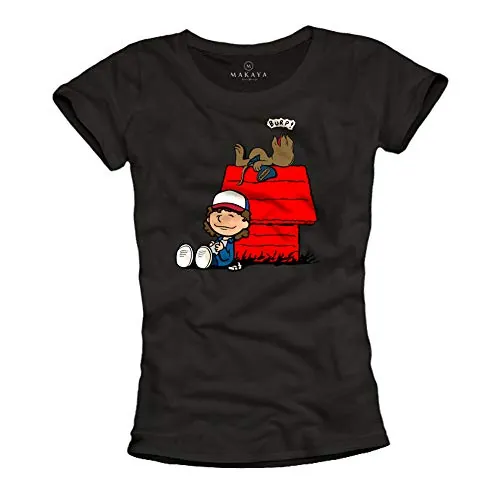 MAKAYA Camiseta para Chica con Dibujos - Diseño Demodog Things Dustin Perro Dark Eleven Negra Talla S