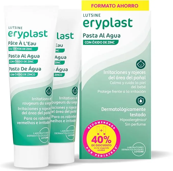 Eryplast Pasta al Agua 2x125gr Pack Ahorro 2ªunidad 40%dto - Crema de Pañal para Bebé. Calma, Cuida y Protege la Piel contra Dermatitis de Pañal – Hipoalergénico, Sin Perfume y Testado Pediátricamente