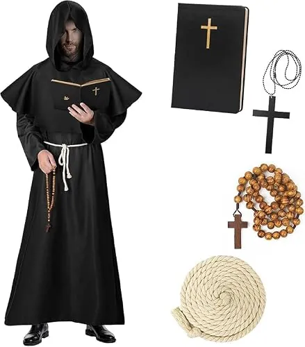 Haozozo Disfraz Halloween Hombre Adulto,Conjunto De Disfraz Monje Hombre Incluye Túnica, Sotana, Cuaderno CláSico Y DecoracióN Con Cruz, Disfraz Halloween Hombre De Monje Medieval. (L)