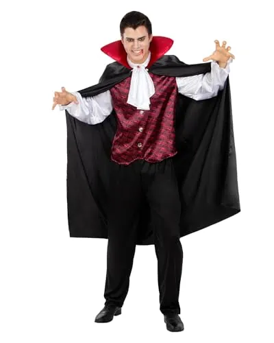 Funidelia Disfraz de Conde Drácula para hombre, Incluye pantalón, camisa con pechera y capa, Talla L, Terror - Traje para adultos para fiestas, Carnaval y Halloween