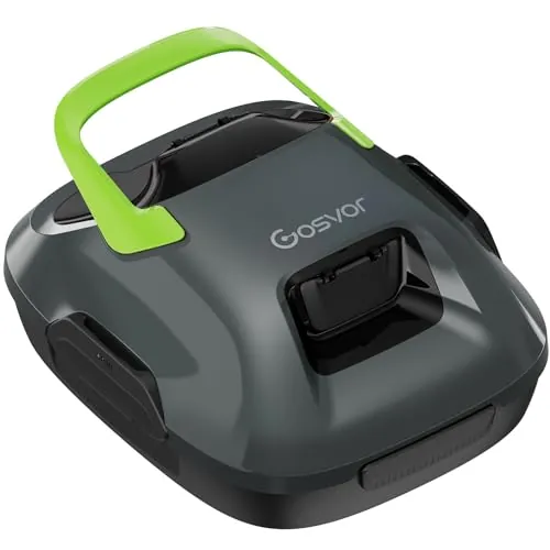 Gosvor Robot Limpiafondos Piscina Automático,con Filtración de 180μm,con 90 Minutos de Autonomía,Tiene Autoaparcamiento,para Piscinas de 80m² sobre el Suelo y Subterráneas Planas,Gris y Verde