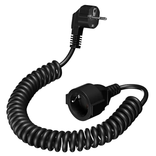 Cable Alargador Espiral de 2M, Cable Espiral Extensible de 0,7M a 2M MAX, IP20(230 V/16 A) Cable de Extensión Schuko para el Hogar, La Oficina, Fábrica, Negro