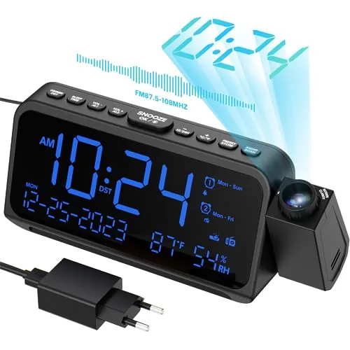 ROCAM Radio Despertador con Proyector, Reloj Despertador Digital con 5 Niveles, Modo día Laborable/Fin de Semana, 2 Alarmas, FM, Snooze, Temperatura, Humedad, Luz Nocturna, Cargador USB Type-C (Azul)