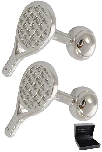 Gemelos Camisa Hombre Tenis - Con Caja - Gemelos para Camisas - Raqueta de Tenis - Latón - Color Plata - Sport Deporte Árbitro - Un Par
