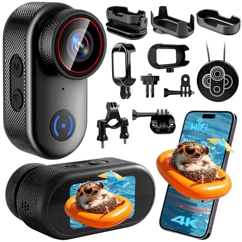 Kaelera Camara Deportiva 4K, Mini Cámara de Acción WiFi, 140° Pequeña Videocámara de Casco Cámara Corporal Larga Duración con Varios Accesorios para Bici Moto Aire Libre