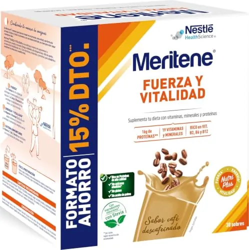 Meritene Fuerza y Vitalidad Batido Café Descafeinado | 30 Sobres (900 g) | Con proteínas, calcio y vitamina D · Reduce el cansancio · Refuerza defensas
