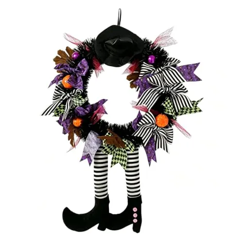 Coronas de Halloween, Corona de Halloween Corona de Brujas de 28Inch para Puerta Delantera con Sombrero Brujas piernas Calabaza para Puerta, Porche, Ventana,decoración de Halloween Interior y Exterior