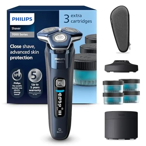 Philips Serie 7000 Afeitadora Eléctrica Hombre, Máquina de Afeitar Barba con Recortadora, 60min de uso, En Seco y Húmedo, Recargable, Centro de Limpieza, Base Carga, 4 Cartuchos, S7885/63, Azul