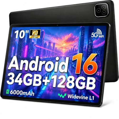 2026 Tablet Android 16, Octa-Core, 34GB RAM 128GB ROM ampliable hasta 1TB, batería 6000mAh, Tablet 10 pulgadas pantalla táctil IPS 1280x800, WiFi6 BT5.4, desbloqueo facial, cámaras duales, Negro