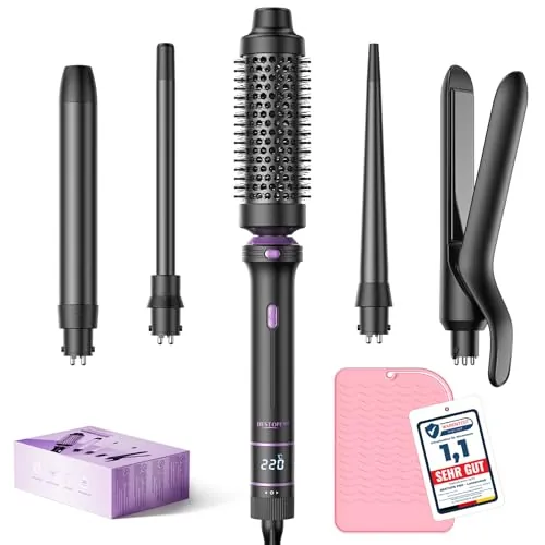 Curling Iron 5 en 1 BESTOPE PRO - Con Plancha de Pelo, Cepillo TéRmico, Rizador Pelo Ondas (9 Mm-25 Mm), Temperatura Ajustable - Para Viajes Y Regalos Hair Curler Kit
