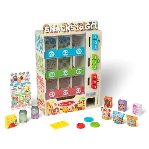 MELISSA & DOUG - Máquina Expendedora de Madera con 16 Piezas: Comida de Juguete, Monedas y Tarjeta - 6073586 - Juguetes Niños 3 años + - Regalo Niño 3 años + - Montessori