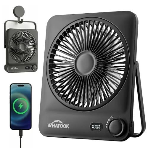 WHATOOK Ventilador de Mesa Portátil Recargable 10000mAh, 40h Autonomía, USB C Silencioso 30dB, 100 Velocidades, Pantalla Auto-Off, Rejilla Lavable, Gancho Camping Oficina Dormitorio