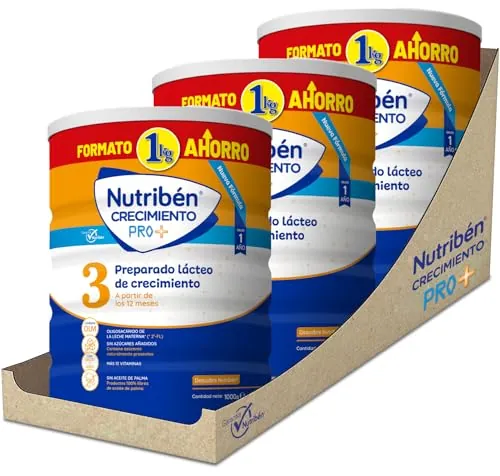 Nutribén Crecimiento Pro+ 3 - Leche en Polvo Bebé | Leche de Fórmula a partir de los 12 Meses | sin Aceite de Palma | con Cacito Dosificador Incluido | con 13 Vitaminas | 3 Botes de 1KG