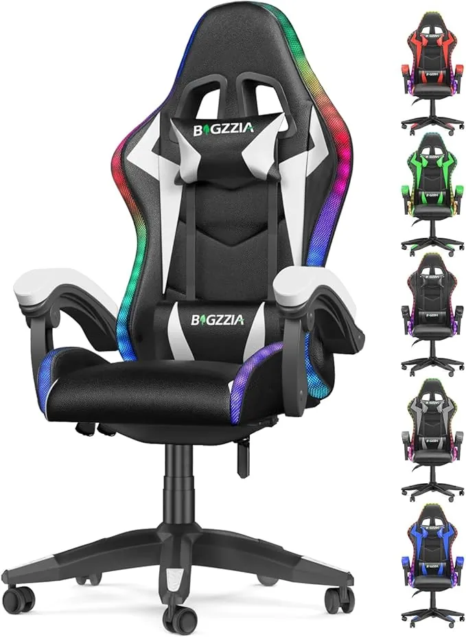 bigzzia Silla Gaming con Luces LED,Silla Ergonómica Gaming,Altura Regulable Silla con Apoyo Lumbar y Reposacabezas, Respaldo Inclinable hasta 155° (Utilización RGB, Blanco)
