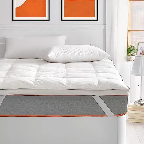 What The Sleep - Sobrecolchón 150 x 200 cm | Cama 150 cm | Topper Relleno Natural Plumas 1300 gr/m² | 5 cm Altura | Algodón Downproof | Cubre Colchón Acolchado Efecto Nube | Top Transpirable | Bass