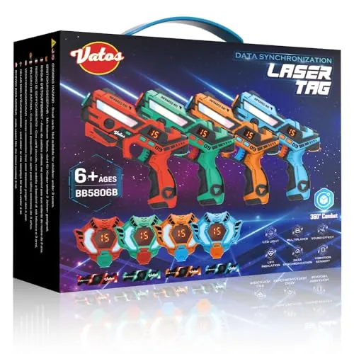 VATOS Laser Tag 360°Sensors Set de 4 Jugadores, Pistola láser Recargable de Infrarrojos de 2,4 GHz con Pantalla de Datos en Tiempo Real, Pistolas de Juguete para niños a Partir de 6 años