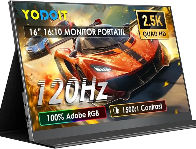 Yodoit 16 Pulgadas Monitor portátil de 120Hz de 2.5K UHD Pantalla IPS 2560 x 1600 con Puerto USB Tipo C y Altavoces Integrados con Monitor de Cubierta Inteligente Compatible con PC