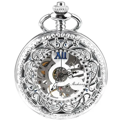 Reloj de bolsillo mecánico Treeweto, hueco con números romanos, diseño de flores, color plateado