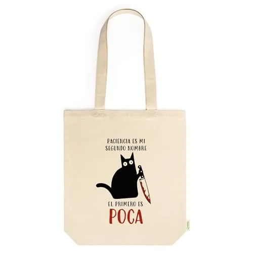 El Kraken Bolsa de Tela Tote Bag algodón orgánico grueso con mensaje gracioso, diseño original divertido, shopping de hombro 38x42 cm, fuelle, asas largas, tejido resistente 10 kg (Paciencia)