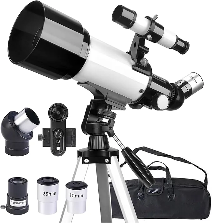 Telescopio 70mm Apertura 400mm Telescopios para Adultos Principiantes Astronomía con Lentes, Visor, Trípode, Bolso, Soporte Móvil, Portátil Refractor Telescopio para Niños & Adultos (Blanco)