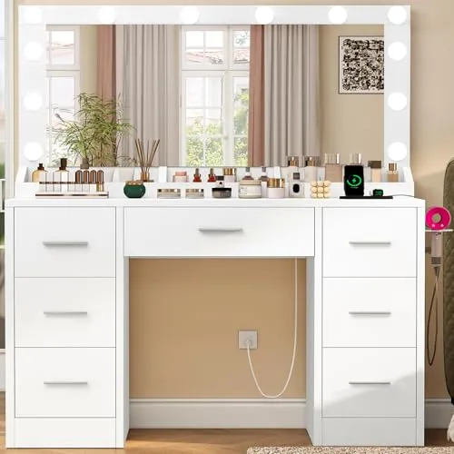 TEENFON Grande Tocador de Maquillaje con Espejo, Luces LED 3 Colores y Brillo Ajustable, Mesa de Maquillaje con Enchufes, Cajones, Estantes Abiertos, Blanco, 7 Cajones+Espejo Grande