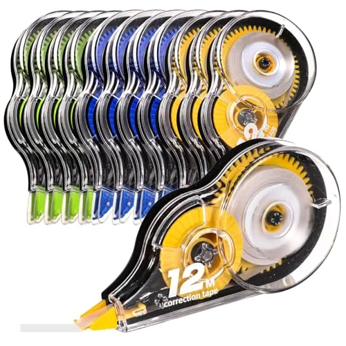 Yoosso 12 Piezas Cintas Correctoras, 12m x 5 mm Mini Cinta Correctora Correction Tape para Material Escolar Oficina Hogar Niños Estudiantes Adultos (Amarillo+Azul+Verde)