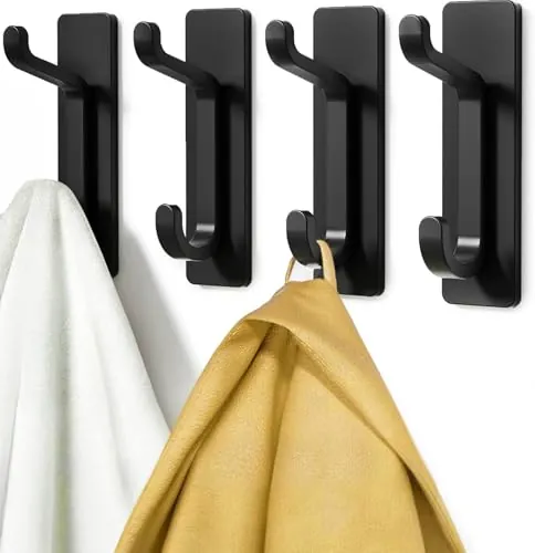 pickpiff Ganchos Adhesivos para Pared, Resistentes 6kg, Sin Taladrar, Impermeable, Colgadores para Baño Cocina Abrigos, Perchas Adhesivas de Acero Inoxidable, Negro, 4 Piezas