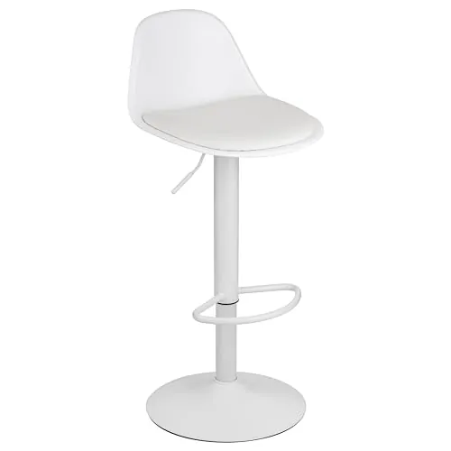 Baroni Home Taburete de Bar Giratorio, Taburete Alto con Altura Ajustable, con Respaldo y Reposapies, Fondo antiarañazos, Comedor, Restaurante, Bar, Blanco, 1 Unidad, 39x44x82-104 cm