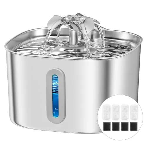 3.2L Fuente para Gatos,Bebedero Gatos Acero Inoxidable-4 Filtros+4 Esponjas