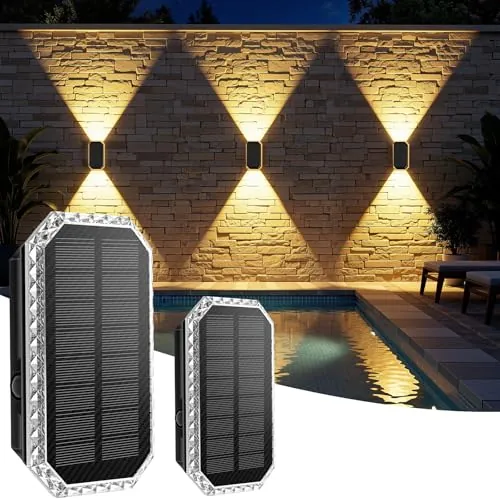 Giliwosy Aplique Solar Exterior Pared 3 Colores, IP65 Impermeable 1200mAh | Luces Solares Led Exterior Arriba y Abajo, Lampara Solar Exterior Decorativas para Jardín, Piscina, Patio y Valla (2 Pack)