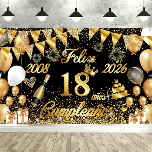 Pancarta Feliz Cumpleaños 18 Anos 2008-2026, Seutgjie Happy Birthday Decoracion para Chica Chicos para Fiesta Cumpleaños 18 Oro Negro 180 x 110 cm