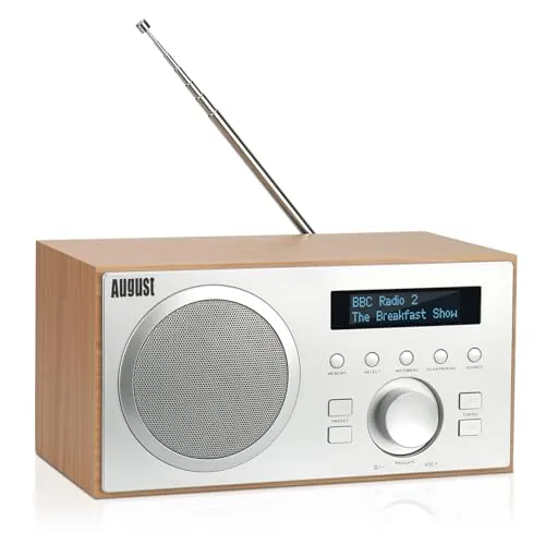 August MB420 Radio Digital FM Dab Plus USB Bluetooth de Madera, Transistor Altavoz Hi-Fi Reproductor MP3 Jack 3,5mm con Subwoofer Reloj Despertador con Enchufe - Estilo escandinavo