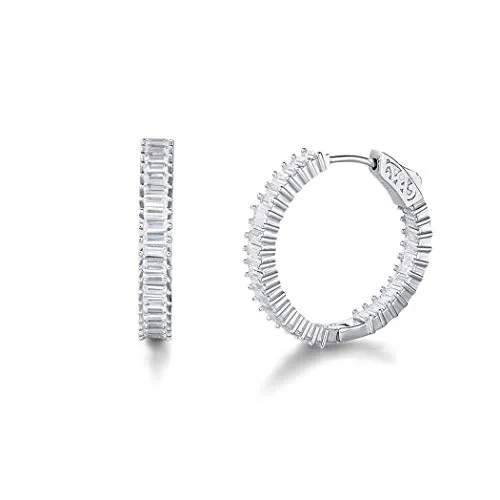 Pendientes de Aro Medio Ronda Plata de ley 925 con Chapado en Oro Blanco con Circonia Cúbica Círculo Aretes Pendientes Hoops para Mujer Niñas- Diámetro: 25 mm