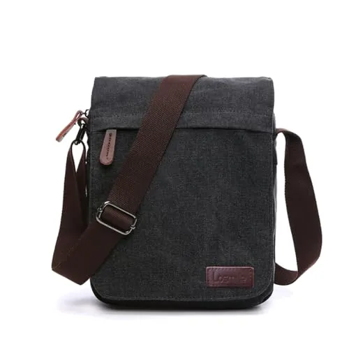 LOSMILE Bolsos bandolera de Hombres, Bolso de Hombro la Lona, Bolsas mensajero para tablet, Trabajo y escuela.(M-Negro)