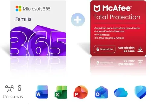 Microsoft 365 Familia | 12 meses | 6 personas | Hasta 6 TB de almacenamiento Onedrive | Apps Office con IA + McAfee Total Protection │ 6 Dispositivos | Código de activación por email
