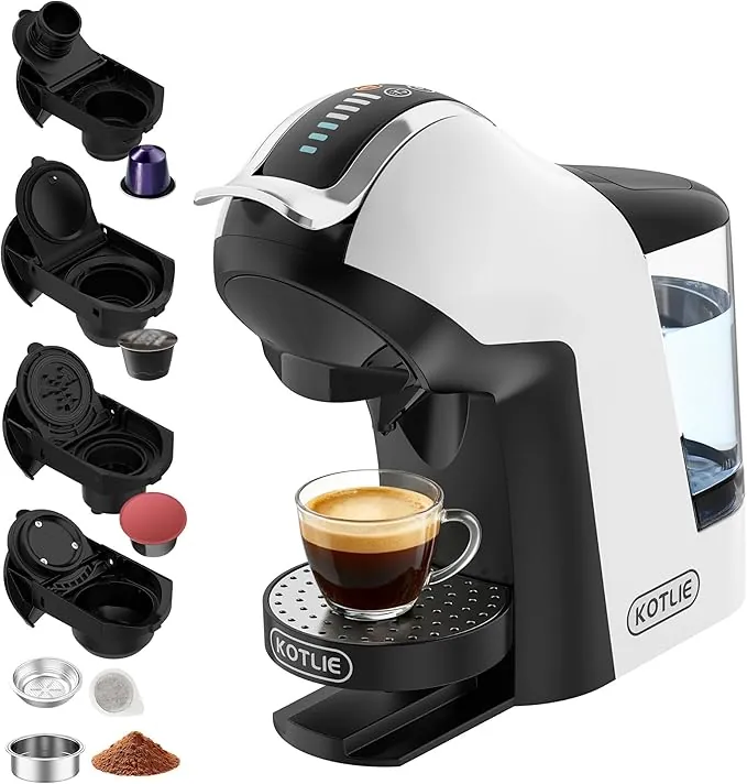 Upgrade Máquina de Cápsulas Café Espresso 5 en 1 19 Bar para Nespresso/Dolce Gusto/LAVAZZA MIO/LOR y Café Molido/ESE, Cafeteras Automáticas Pequeñas con Cápsulas, EM-308B (Blanco)