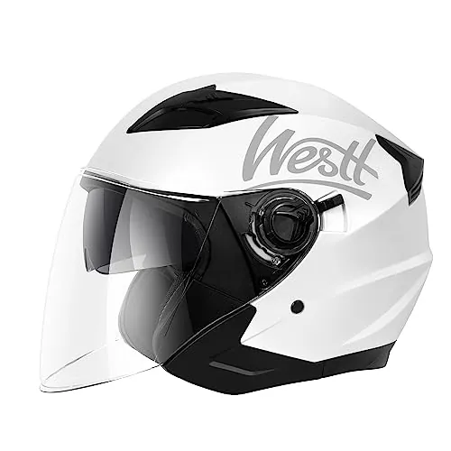 Westt Jet Casco Moto Certificado ECE 22.06 Hombre Mujer Casco de Moto con Doble Visera capacete Casco Jet Scooter Trail, Blanco metálico, L (59-60 cm)