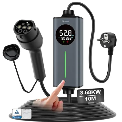 GONEO cargador coche electrico carga rapida portatil 3,68kw schuko tipo 2 16A 10M | sensor de temperatura y tierra detección,AC 30mA+DC 6mA Protección,tiempo y corriente ajustables,Cargador de casa VE