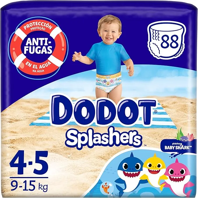 Dodot Pañales Bebé Splashers Baby Shark, Talla 4 (9-15 kg), 88 pañales,Bañadores desechables, Protección Anti-fugas En El Agua