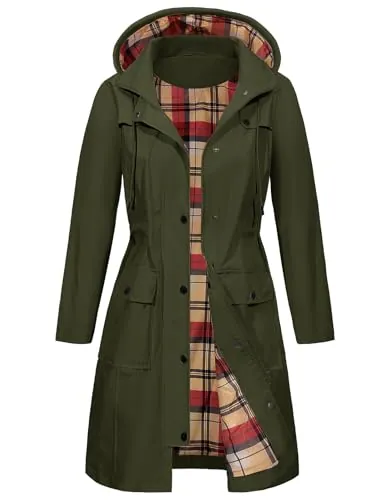 heekpek Chaqueta Chubasquero Mujer Parka Impermeable Largo Abrigo Ligero Gabardina Mujer Impermeable con Capucha y Bolsillo, Verde militar, L