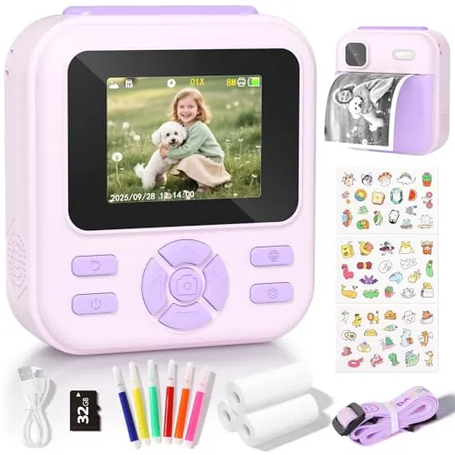 YOHOOLYO Camara Fotos Infantil Instantanea HD 1080P Cámara Instantánea con Tarjeta de 32G y 3 Rollos de Papel de Impresión Camara Fotos Infantil Regalos para Niños de 3 a 14 Años-Púrpura