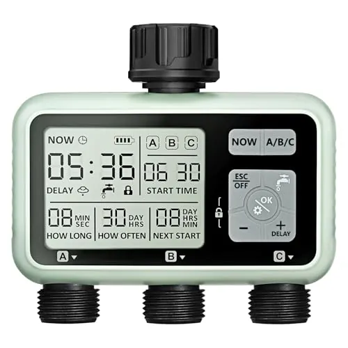 Johgee Computadora de riego con 3 Salidas controladas independientemente, Reloj de riego Digital con Pantalla LCD, Control de riego automático/Manual