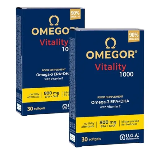 Omega 3 IFOS Certificado OMEGOR Vitality 1000 - Alta Concentración de EPA 535mg y DHA 268mg - Aceite de Pescado Omega-3 rTG de Alta Biodisponibilidad - 30 Cápsulas (Paquete de 2)