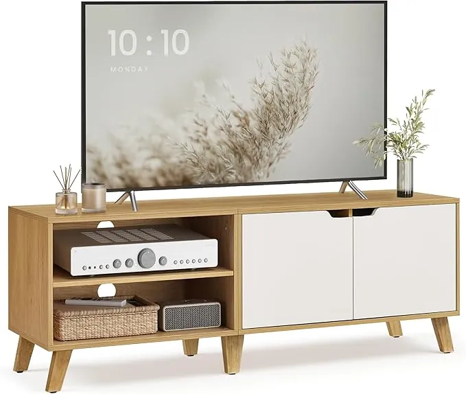 VASAGLE Mueble de TV de 2 Puertas, Soporte de TV con Estantes Ajustables, Largo de 140 cm, para Televisores de 60 Pulgadas, para Salón, Comedor, Dormitorio, Roble Natural y Blanco Crema LTV027N01