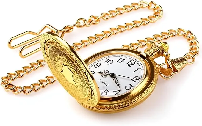 Reloj De Bolsillo Vintage Con Esfera Romana Calada Y Doble Cadena,Acero Inoxidable,Mecanismo De Cuarzo, Indicación 24 Horas,Para Hombre Mujer,Regalo De Día San Valentín Accesorio De Disfraz,Dorado