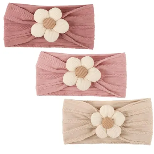 DRESHOW 3 Piezas Niñas Flor Diademas Estirable Nylon Diademas Hechas a Mano Cabello Accesorios para Neonatal Lactante Niño Pequeño Niños