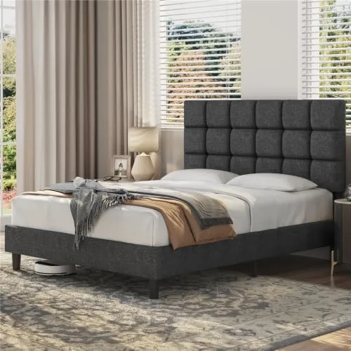 Yaheetech Marco de Cama Tapizada Cabecero Regulable 160 x 200cm Color Gris Oscuro