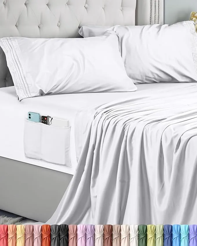 Utopia Bedding Juego de Sabanas 4 Piezas 150x200 - Microfibra De Poliéster, Sábana Bajera con Bolsillos de Almacenamiento, Sábana Plana Y 2 Fundas De Almohada Bordadas (Cama 150, Blanco)